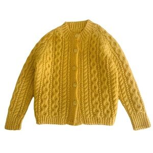Vintage Girl’s Yellow Wool Cable Knit Cardigan Fisherman Cottagecore READ